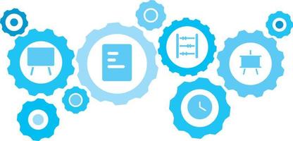 ansluten kugghjul och ikoner för logistik, service, frakt, distribution, transport, marknadsföra, kommunicera koncept, svart tavla redskap blå ikon uppsättning. leverans mekanism begrepp. på vit bakgrund vektor