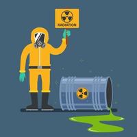 Unfälle mit Atommüll. Mann in einem Schutzanzug, der ein Strahlungszeichen hält. flache Vektorillustration.