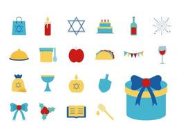 hanukkah och judisk platt stil ikonuppsättning vektor