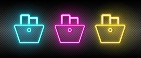 Korb, Kasse, Einkaufen Neon- Vektor Symbol. Illustration Neon- Blau, Gelb, rot Symbol einstellen