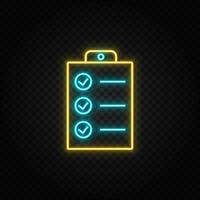 Checkliste, Aufgaben Neon- Symbol. Blau und Gelb Neon- Vektor Symbol. transparent Hintergrund
