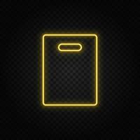 gul neon ikon väska, shopping.transparent bakgrund. gul neon vektor ikon på mörk bakgrund