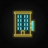 Gebäude, Hotel Neon- Vektor Symbol. Blau und Gelb Neon- Vektor Symbol. Vektor transparent Hintergrund