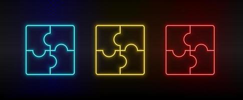neon ikon uppsättning pussel, strategi. uppsättning av röd, blå, gul neon vektor ikon på genomskinlighet mörk bakgrund