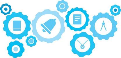 in Verbindung gebracht Getriebe und Symbole zum Logistik, Service, Versand, Verteilung, Transport, Markt, kommunizieren Konzepte, Geometrie, Kompass Ausrüstung Blau Symbol Satz. Lieferung Mechanismus Konzept. auf Weiß Hintergrund vektor