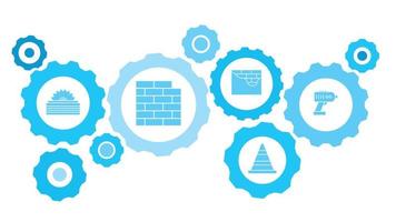 in Verbindung gebracht Getriebe und Vektor Symbole zum Logistik, Service, Versand, Verteilung, Transport, Markt, kommunizieren Konzepte. bohren, Gebäude Ausrüstung Blau Symbol einstellen auf Weiß Hintergrund