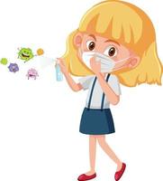 ein Mädchen tragen Maske und mit Alkohol Desinfektionsmittel mit Virus Zeichentrickfigur vektor