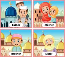 pedagogiskt engelska ordkort av muslimska familjemedlemmar vektor