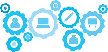 in Verbindung gebracht Getriebe und Symbole zum Logistik, Service, Versand, Verteilung, Transport, Markt, kommunizieren Konzepte, Tafel Ausrüstung Blau Symbol Satz. Lieferung Mechanismus Konzept. auf Weiß Hintergrund vektor