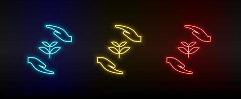 Neon- Symbol einstellen sicher, Erde, Hände. einstellen von Rot, Blau, Gelb Neon- Vektor Symbol auf Transparenz dunkel Hintergrund