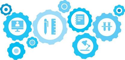 ansluten kugghjul och ikoner för logistik, service, frakt, distribution, transport, marknadsföra, kommunicera koncept, labb glas redskap blå ikon uppsättning. leverans mekanism begrepp. på vit bakgrund vektor