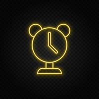 Gelb Neon- Symbol Alarm, Uhr. transparent Hintergrund. Gelb Neon- Vektor Symbol auf dunkel Hintergrund