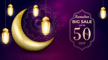 elegant ramadan försäljning baner design med gyllene måne och lykta vektor