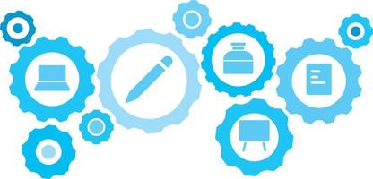 in Verbindung gebracht Getriebe und Symbole zum Logistik, Service, Versand, Verteilung, Transport, Markt, kommunizieren Konzepte, Dokument Ausrüstung Blau Symbol Satz. Lieferung Mechanismus Konzept. auf Weiß Hintergrund vektor