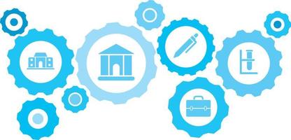 in Verbindung gebracht Getriebe und Symbole zum Logistik, Service, Versand, Verteilung, Transport, Markt, kommunizieren Konzepte, Labor Glaswaren Ausrüstung Blau Symbol Satz. Lieferung Mechanismus Konzept. auf Weiß Hintergrund vektor