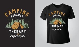 camping eftersom terapi är dyr - typografisk svart bakgrund, t-shirt, mugg, keps och Övrig skriva ut på efterfrågan design, svg, png, jpg, eps vektor