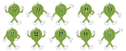 en uppsättning av vattenmelon tecknad serie häftig klistermärken med rolig komisk tecken, handskar händer vektor