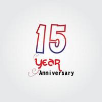 15 Jahre Jubiläumsfeier Logo. Jubiläumslogo mit roter und blauer Farbe lokalisiert auf grauem Hintergrund, Vektordesign für Feier, Einladungskarte und Grußkarte vektor
