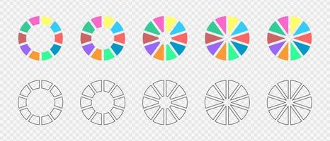 Krapfen Diagramme geteilt im 10 mehrfarbig und Grafik Abschnitte. Infografik Räder Satz. Kreis Diagramme oder Wird geladen Riegel. runden Formen Schnitt im zehn gleich Teile vektor