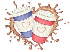 zwei Tassen von Kaffee, Kaffee spritzt im das gestalten von ein Herz. Vektor Illustration. Karikatur Stil.