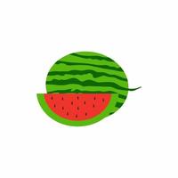 Wassermelone und saftige Wassermelonenscheibe. gesundes Sommerfruchtkonzept. minimalistische Art Cartoon Früchte. Vektorillustration im flachen Entwurf der farbigen frischen Früchte lokalisiert auf weißem Hintergrund vektor