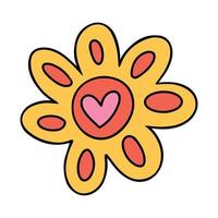 beschwingt Karikatur retro Stimmung Blume mit Herz Form. funky Primitive Blume Illustration Jahrgang Stil 1970er Jahre vektor