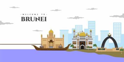 erstaunliche Stadtlandschaftsansicht des Wahrzeichens der Skyline-Gebäude der Brunei-Architektur. Willkommen bei Brunei bunte Postkarte. Welt Länder Städte Urlaub Reisen Sightseeing Asien Sammlung. vektor