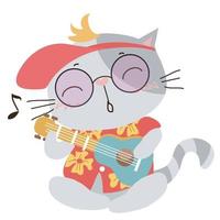 süß grau Katze spielen Gitarre und tragen Sommer- Hemd auf Weiß Hintergrund zum Kinder Mode Kunstwerke, Kinder Bücher, Geburtstag Einladungen, Gruß Karten, Plakate vektor