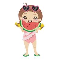 söt liten flicka bär sommar baddräkt och solglasögon medan äter vattenmelon på vit bakgrund för barn mode konstverk, barn böcker, födelsedag inbjudningar, hälsning kort, affischer. vektor