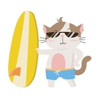 . en söt katt redo för surfing på vit bakgrund för barn mode konstverk, barn böcker, födelsedag inbjudningar, hälsning kort, posters vektor