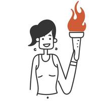 hand dragen klotter person innehav ficklampa pinne med brinnande flamma vektor