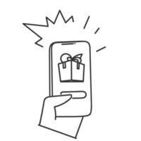 Hand gezeichnet Gekritzel Hände drücken Taste auf Telefon Senden Geschenk Box Illustration vektor