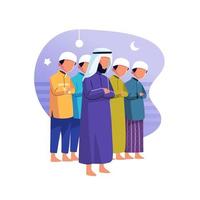 Illustration von ein Gruppe von Männer Stehen im Vorderseite von ein Blau Hintergrund zu Angebot Gebete vektor