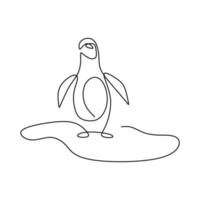 Pinguin kontinuierliche einzeilige Vektorzeichnung. Ein Pinguin steht im Eis isoliert auf weißem Hintergrund. Der handgezeichnete minimalistische Stil der flugunfähigen Wasservögel. Wintertierkonzept vektor