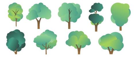 uppsättning av tecknad serie träd vektor. enkel modern stil platt skog, djungel, kokos träd, lövfällande äng söt grön växter. design illustration för jordbruks trädgård, natur parkera, komisk landskap. vektor