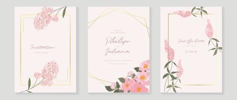 Luxus Hochzeit Einladung Karte Hintergrund Vektor. elegant Aquarell botanisch Rosa Thema Wildblumen und geometrisch Gold Rahmen Textur. Design Illustration zum Hochzeit und vip Startseite Vorlage, Banner. vektor