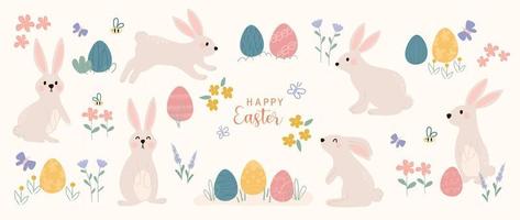 Lycklig påsk komisk element vektor uppsättning. hand dragen söt lekfull kanin, påsk ägg, vår blommor, blad gren, fjäril. samling av klotter djur- och förtjusande design för dekorativ, kort, ungar.
