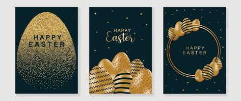 glücklich Ostern Luxus Element Startseite Vektor Satz. elegant glänzend golden Ei gestalten und 3d glänzend golden gestreift Muster Ostern Eier. bezaubernd glamourös Design zum dekorativ, Karte, Kinder, Poster.