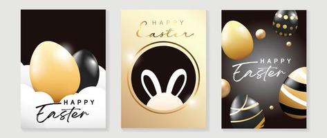 Lycklig påsk lyx element omslag vektor uppsättning. elegant guld och svart 3d påsk ägg dekorera med skinande guld cirkel ram och kanin form. förtjusande glamorös design för dekorativ, kort, ungar, affisch.