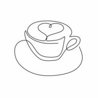 kontinuierliche einzeilige Kunstzeichnung von Kaffee, warm. eine Tasse Kaffee mit Liebeszeichen lokalisiert auf weißem Hintergrund. Kaffeetassen-Shop-Konzept. Kaffeesüchtiger. Minimalismus Design. Vektorillustration vektor