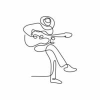 einzelne Strichzeichnung des jungen Gitarristen auf der Bühne und beim Spielen seiner E-Gitarre. sitzender junger Mann mit Hut, der seine Gitarrenfähigkeiten zeigt. Musiker Künstler Performance-Konzept. Vektorillustration vektor