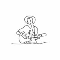 enkel linje ritning av ung gitarrist man på scenen och spelar sin elgitarr. stående ung man med hatt som visar sin gitarrfärdighet. musiker konstnär prestanda koncept. vektor illustration