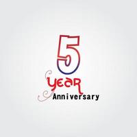 5 års jubileumsfirande logotyp. årsdagslogotyp med röd och blå färg isolerad på grå bakgrund, vektordesign för firande, inbjudningskort och gratulationskort vektor
