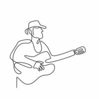 einzelne Strichzeichnung des jungen Gitarristen auf der Bühne und beim Spielen seiner E-Gitarre. Stehender junger Mann mit Hut, der seine Gitarrenfähigkeiten zeigt. Musiker Künstler Performance-Konzept. Vektorillustration vektor