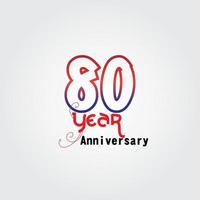 80 Jahre Jubiläumsfeier Logo. Jubiläumslogo mit roter und blauer Farbe lokalisiert auf grauem Hintergrund, Vektordesign für Feier, Einladungskarte und Grußkarte vektor