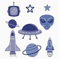 Cartoon Fantasy Alien Planeten gesetzt, lustige Elemente für ein anderes Universum Design. Aliens und UFO-Vektorobjekte isoliert auf weißem Hintergrund. coole kosmische Sammlung für Textilien, Handyhülle vektor