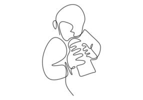 eine einzelne Strichzeichnung eines Babys mit Schnuller. niedliches kleines Kind trinken eine Milch mit Flasche zum Füttern, während in einem Bett lokalisiert auf weißem Hintergrund liegen. Baby-Fütterungskonzept. minimalistischer Stil vektor