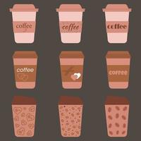 kaffe till gå. disponibel koppar med annorlunda lock, annorlunda färger och mönster. vektor