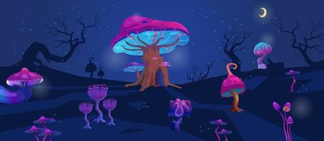 natt landskap med magi lysande svamp tecknad serie vektor illustration. gaming bakgrund.