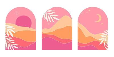 uppsättning av abstrakt berg landskap i valv på solnedgång med Sol och måne i estetisk minimalistisk mitten århundrade stil i rosa och sand färger. bakgrund för social media eller skriva ut. vektor